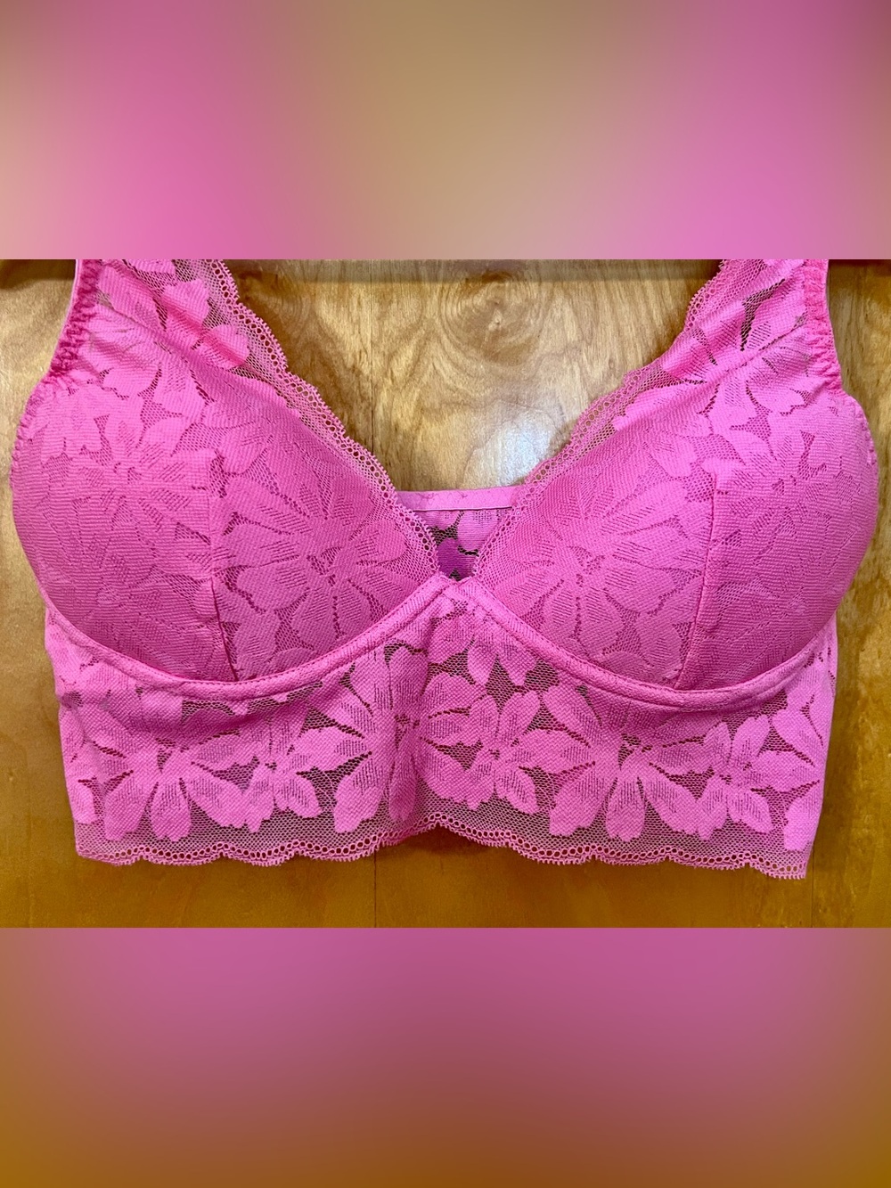 NEW PINK Victoria’s Secret Floral Lace Longline Wireless Bralette Bra, Large